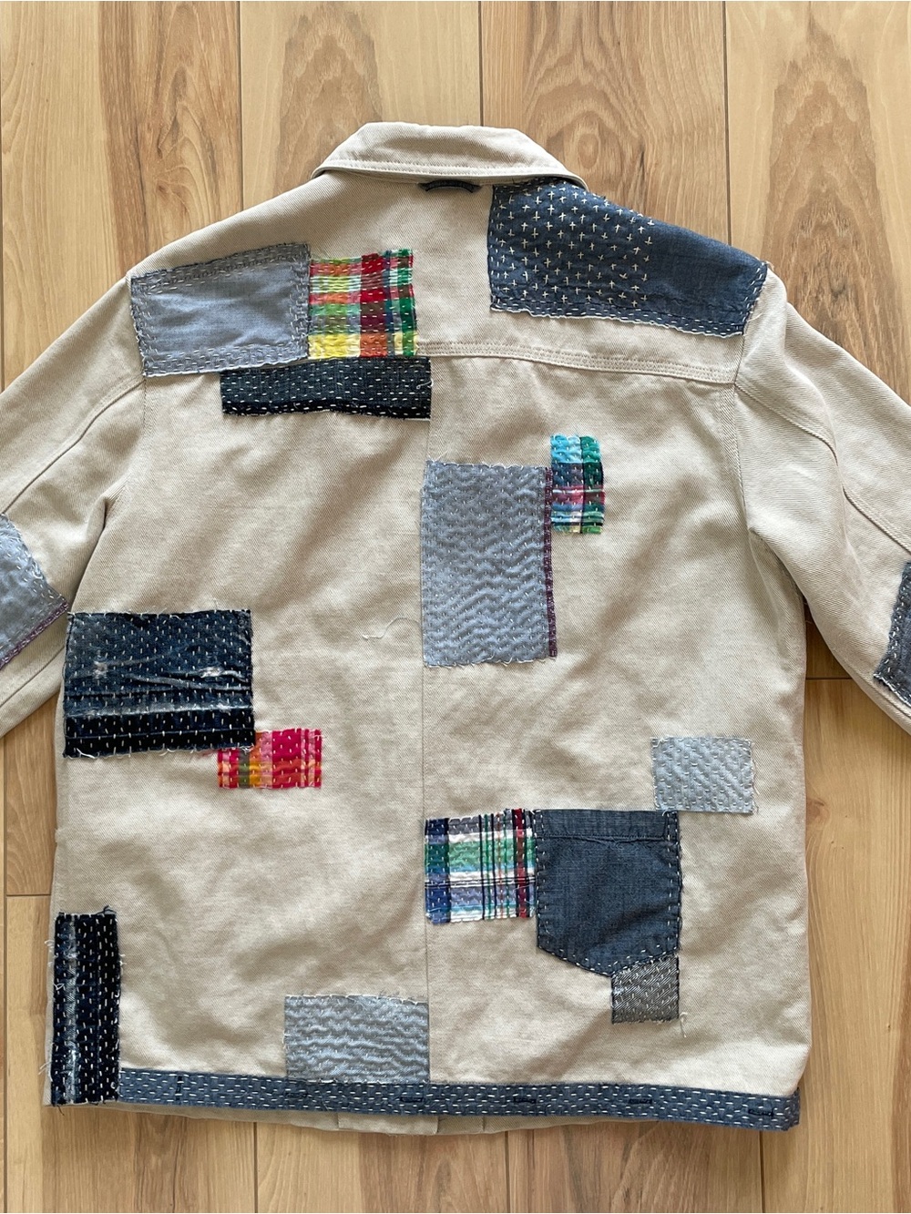 Ralph Lauren Cream Cotton Patchwork Jean Jacket with Blue and Multicolor Accents - Picture 2 of 3